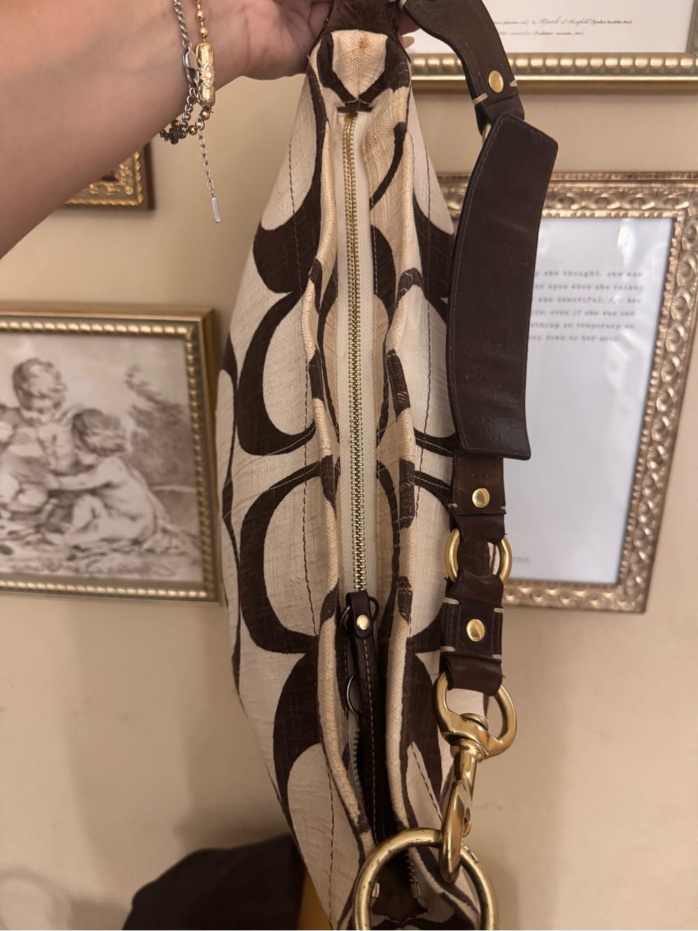 Coach Carly Cream & Brown linen large - Picture 7 of 8